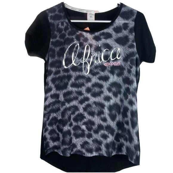 Rip Curl Womens T-Shirt Bold Leopard Print with Africa Graphic Size 8 Black Grey - Picture 1 of 4